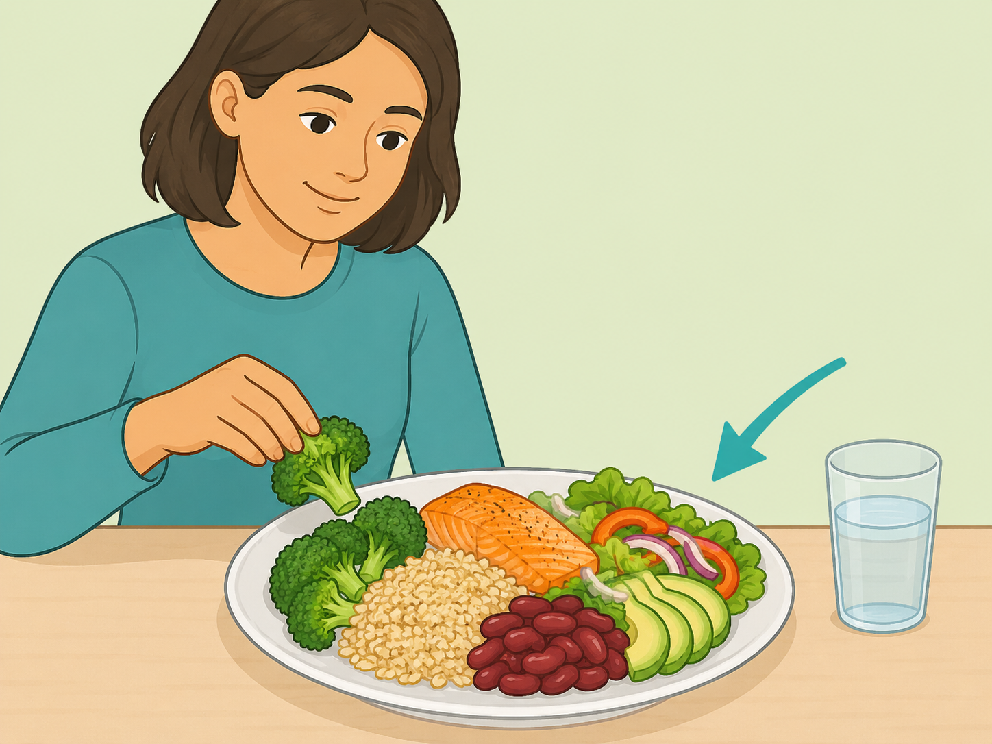 Person treating broccoli as one part of a balanced diet.