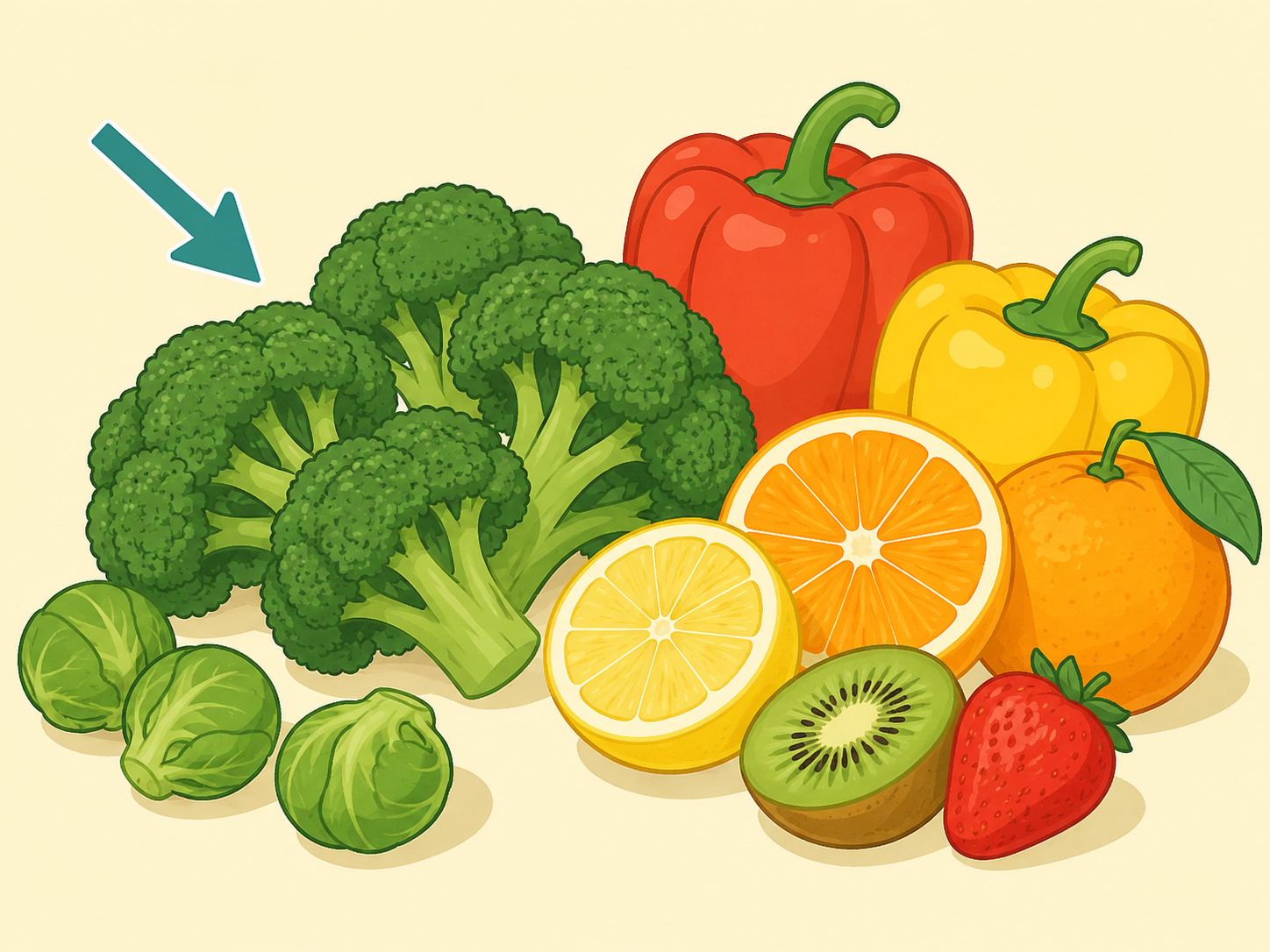 Broccoli shown with other vitamin C-rich foods.