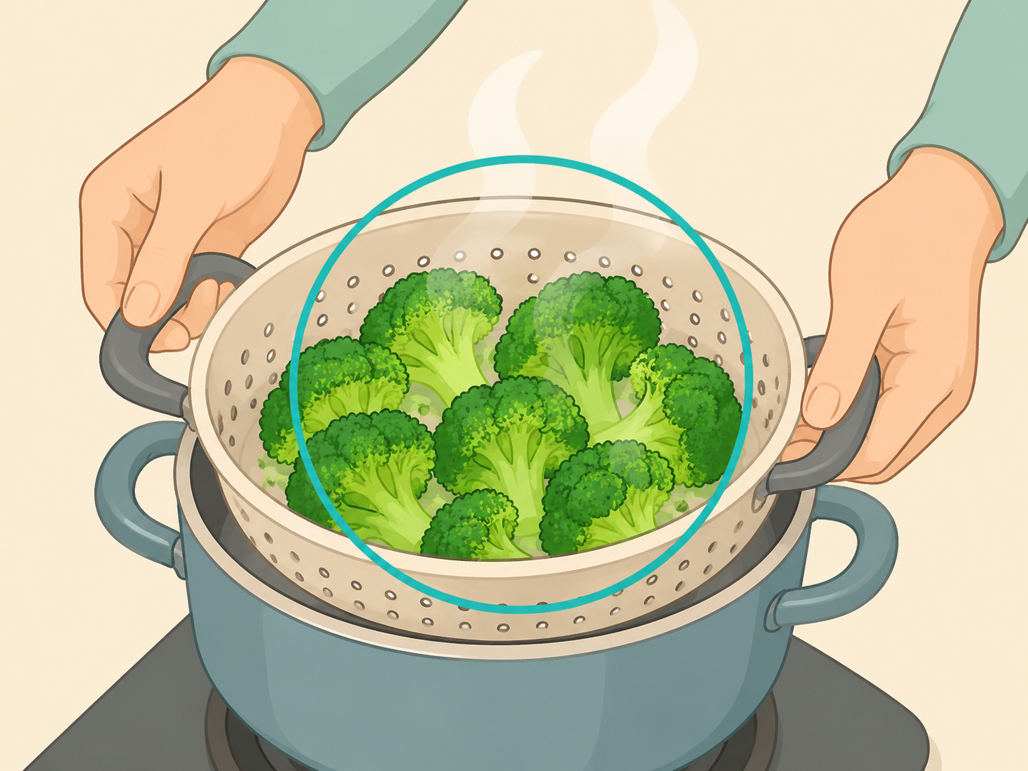 Hands steaming broccoli until bright green.