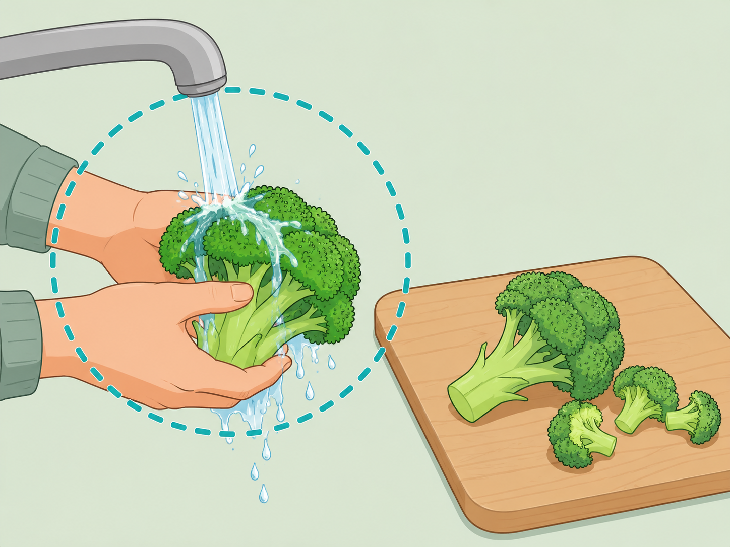 Fresh broccoli being rinsed under running water.
