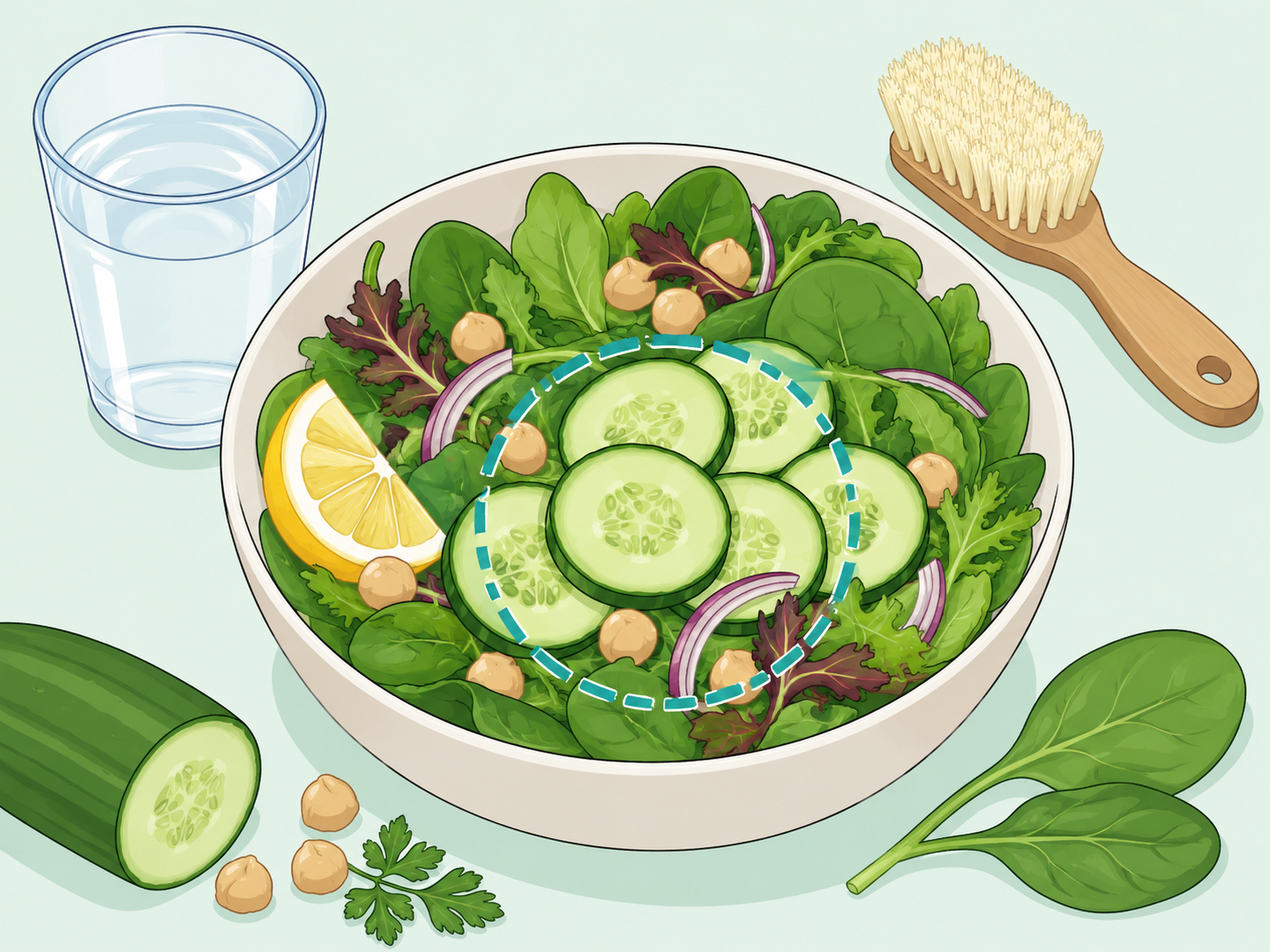Illustration of a healthy cucumber salad with washing tools and water nearby.