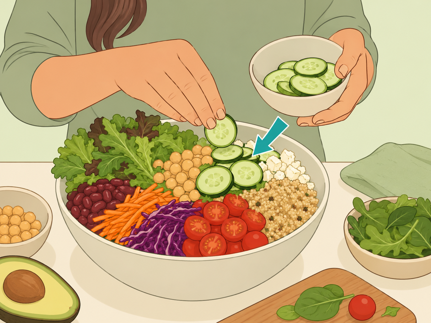 Person adding cucumber slices to a balanced salad bowl.