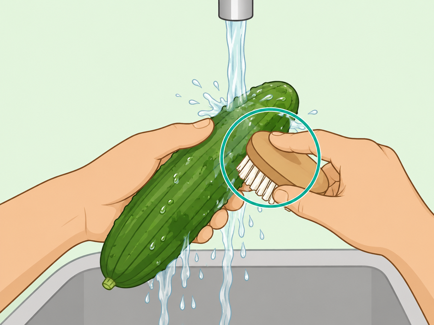 Hands washing and scrubbing a cucumber before slicing.