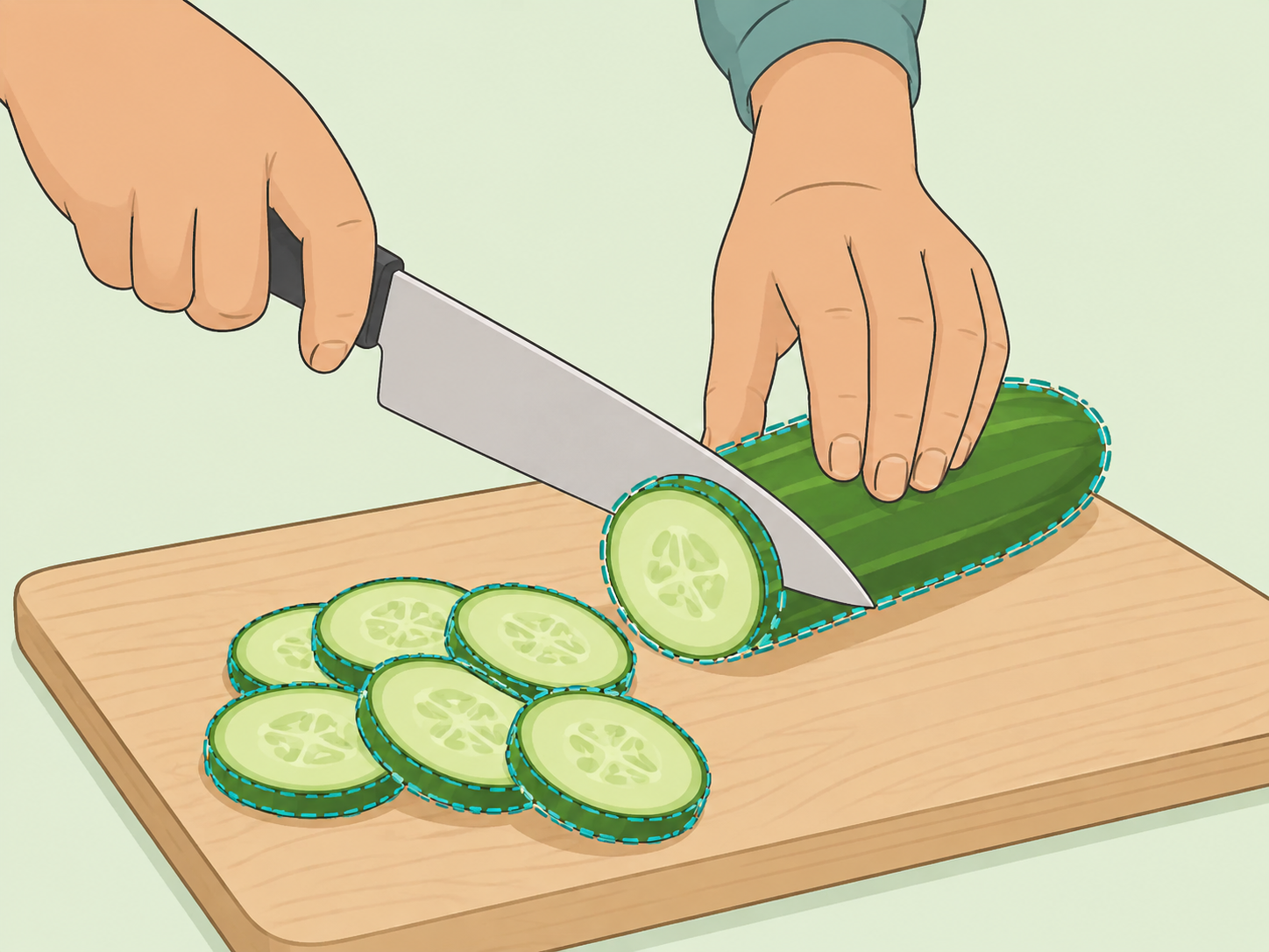 Cucumber slices with the peel left on for salad.