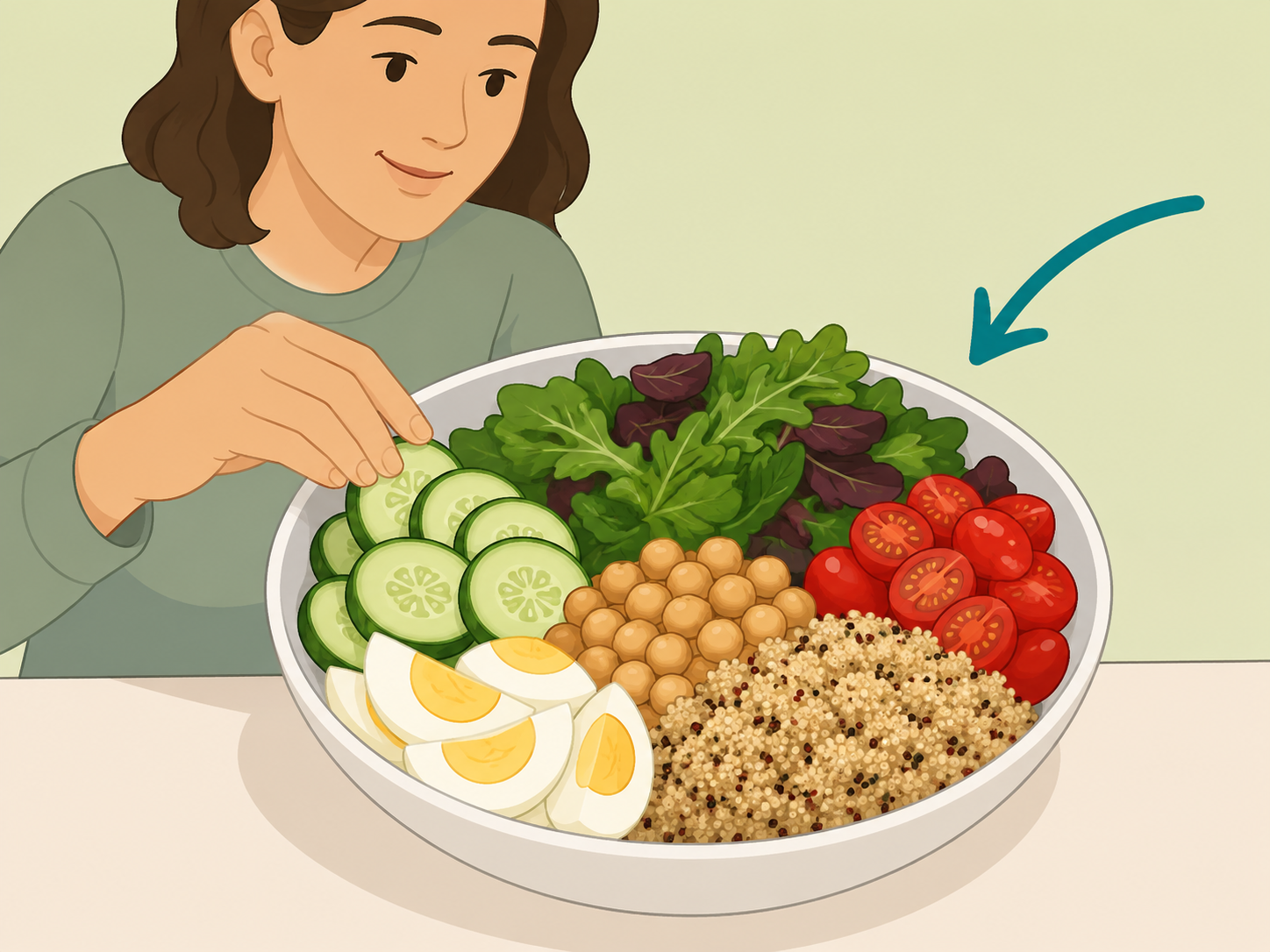 A balanced cucumber salad with vegetables, protein, and grains.