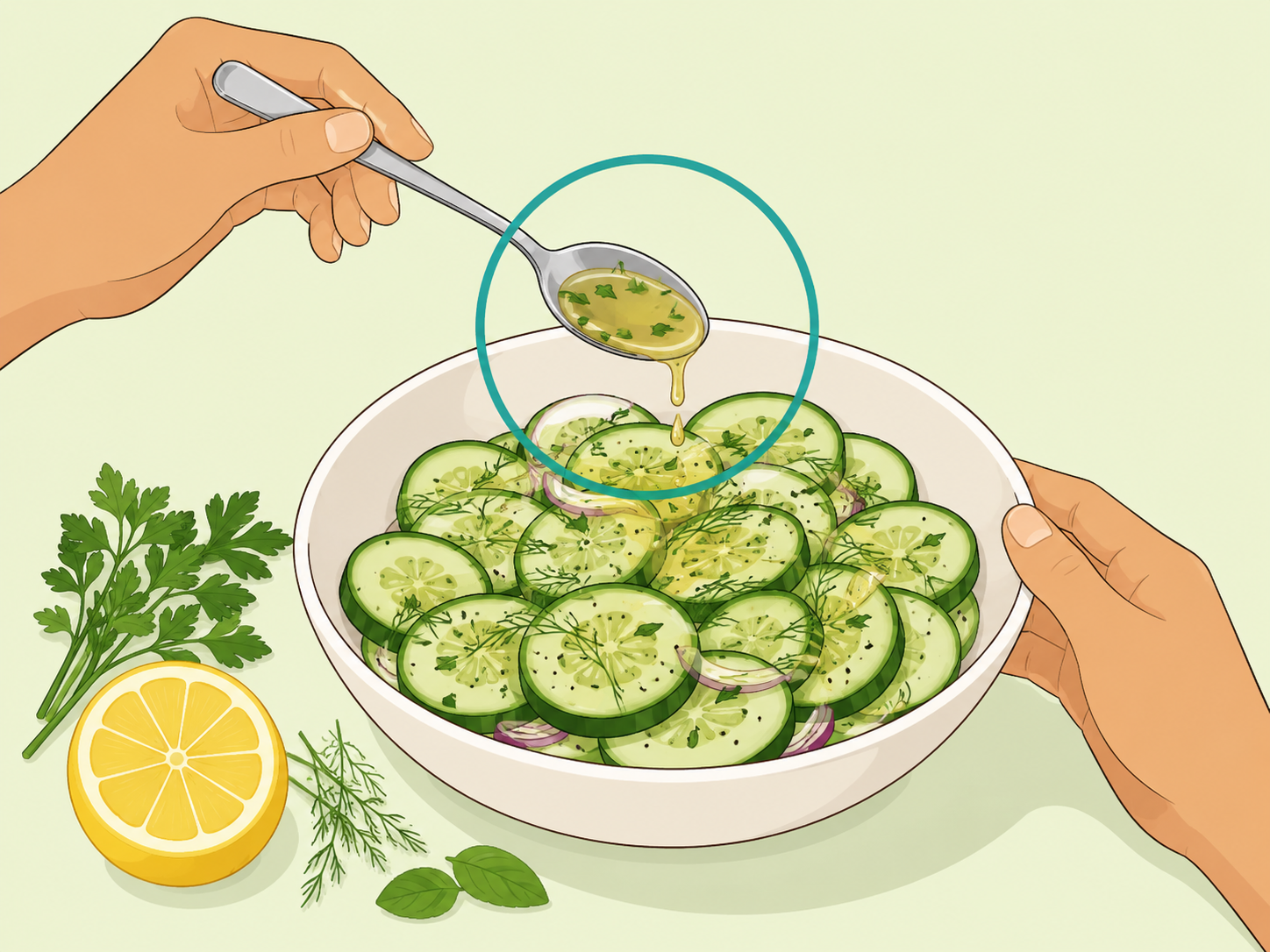 Light lemon herb dressing being added to cucumber salad.