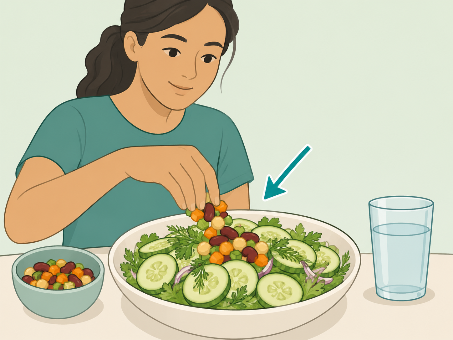 Adding fiber-rich salad ingredients gradually with water nearby.