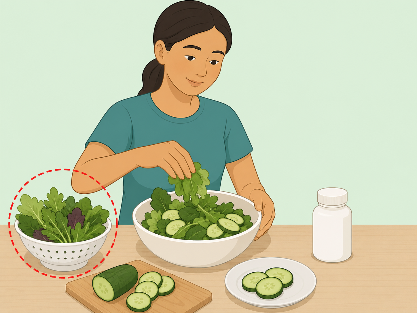 Person keeping salad greens consistent while taking medication precautions.