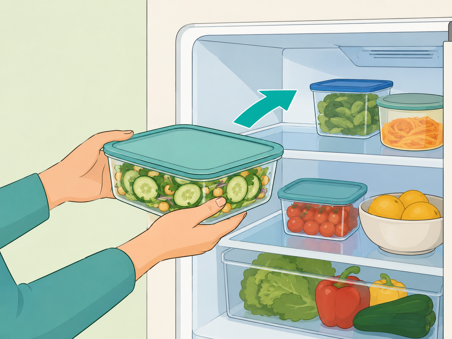 Covered cucumber salad being chilled in the refrigerator.