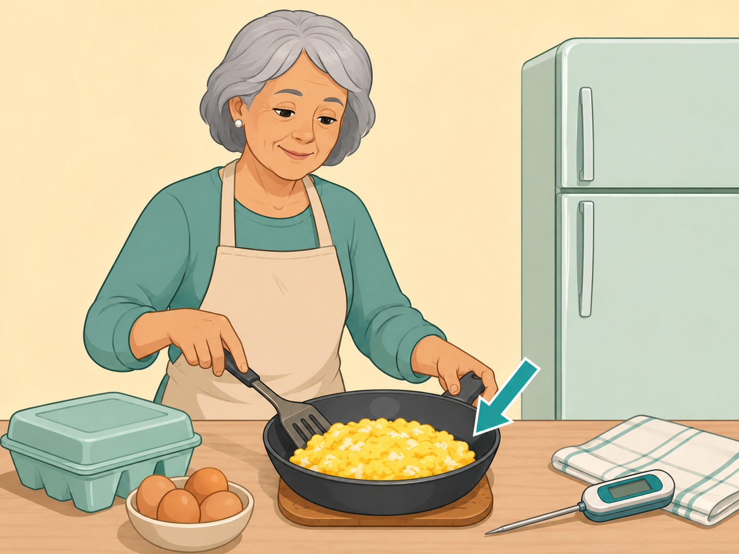 Older woman preparing eggs safely with cold storage and fully cooked eggs.