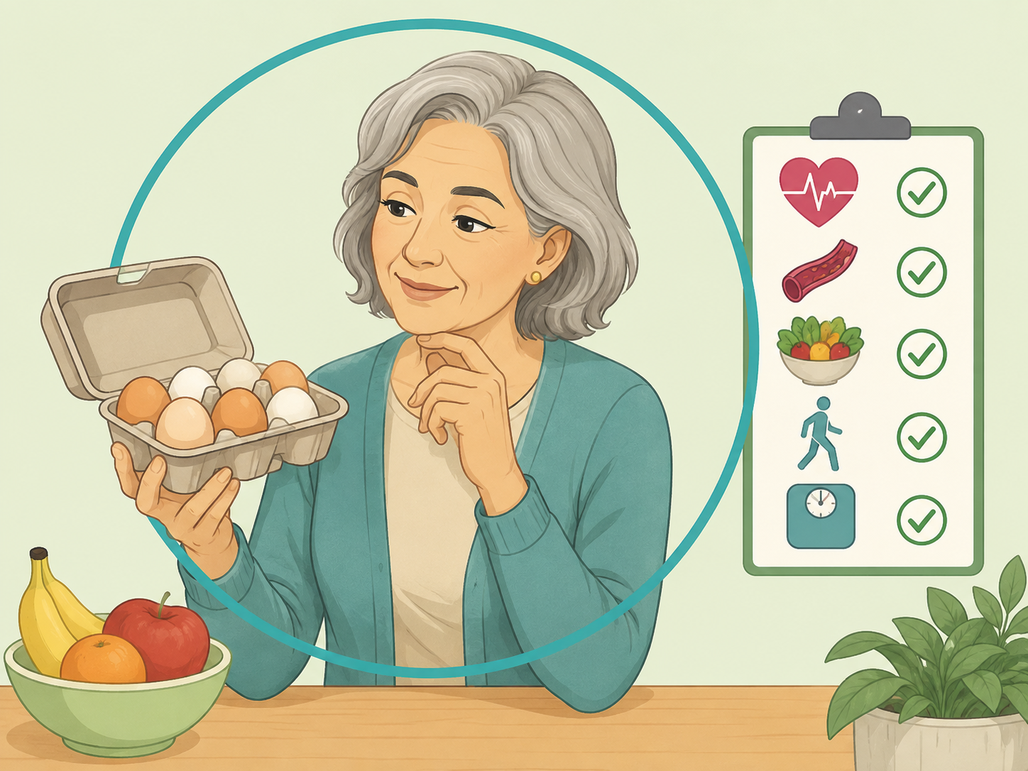 Older woman considering egg safety and heart health calmly.