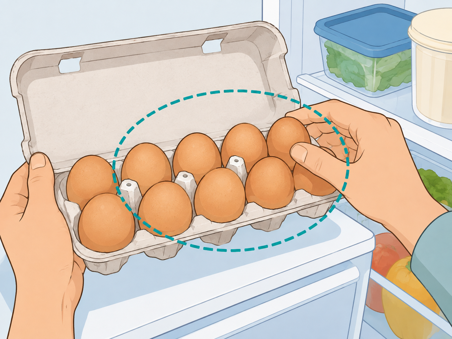 Hands checking refrigerated eggs for clean uncracked shells.
