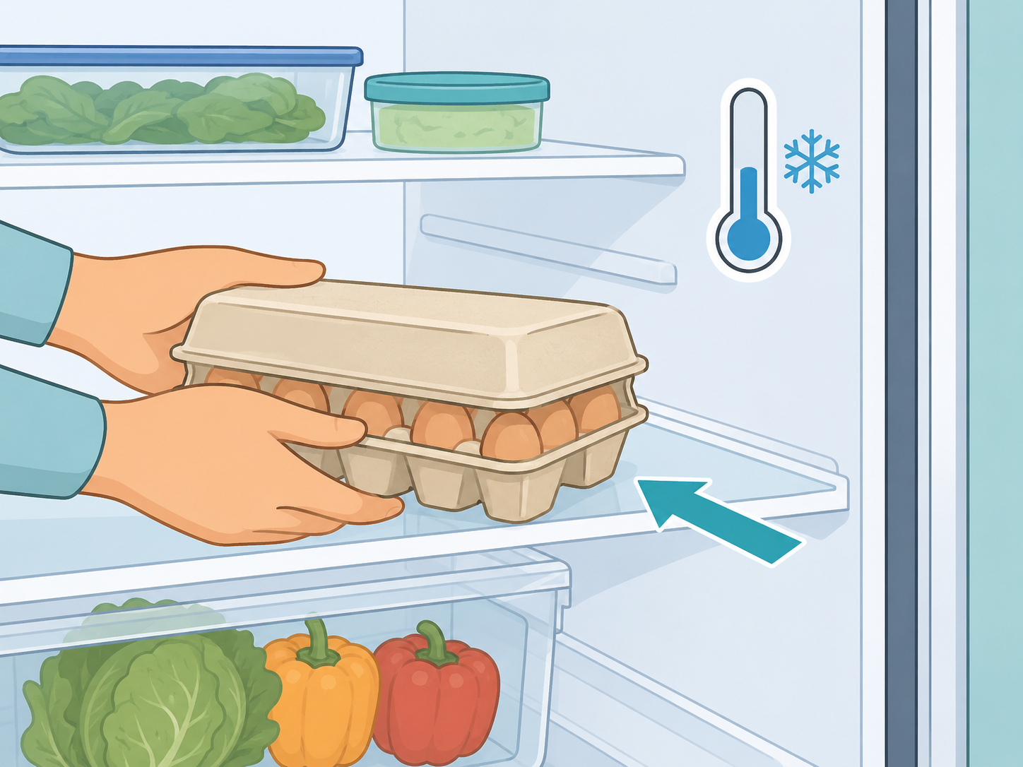 Egg carton stored promptly inside a cold refrigerator.