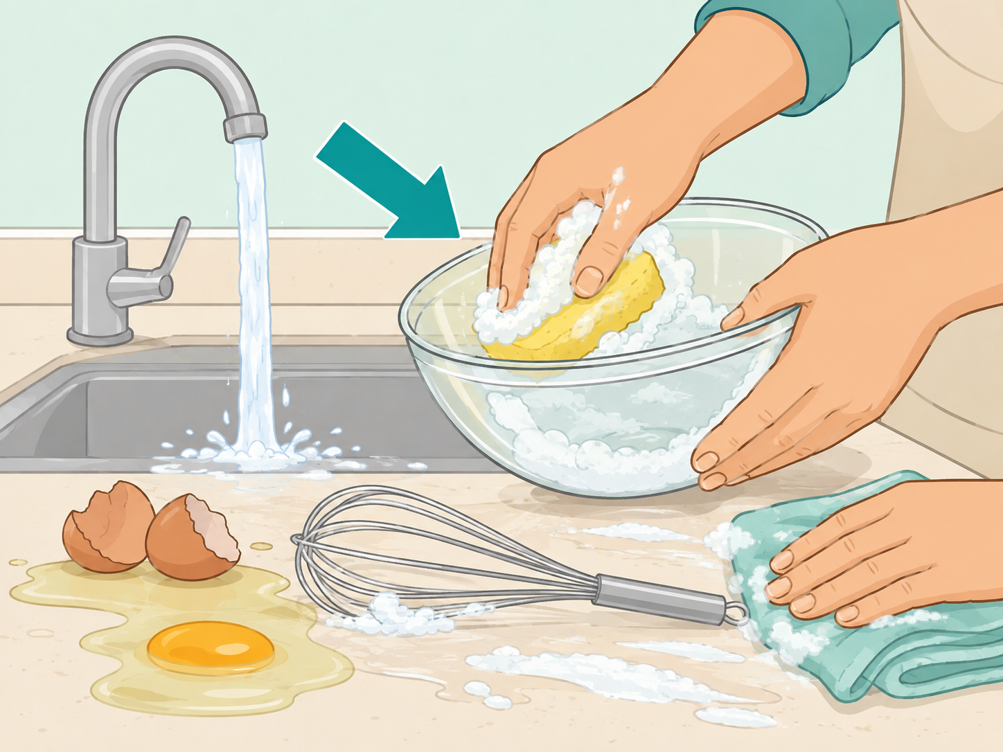 Hands cleaning utensils and surfaces after handling raw eggs.