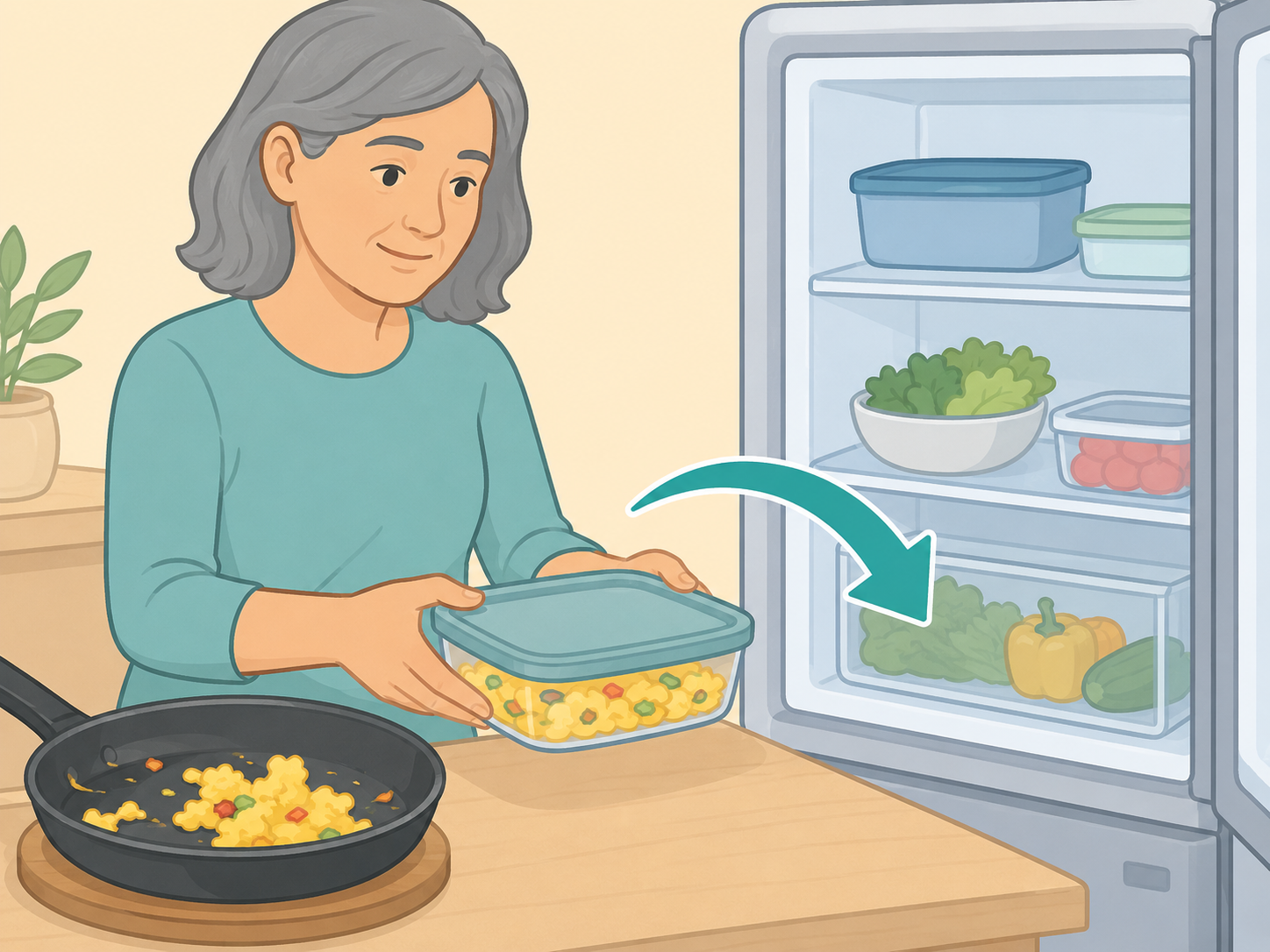 Cooked egg leftovers placed in a shallow container for refrigeration.