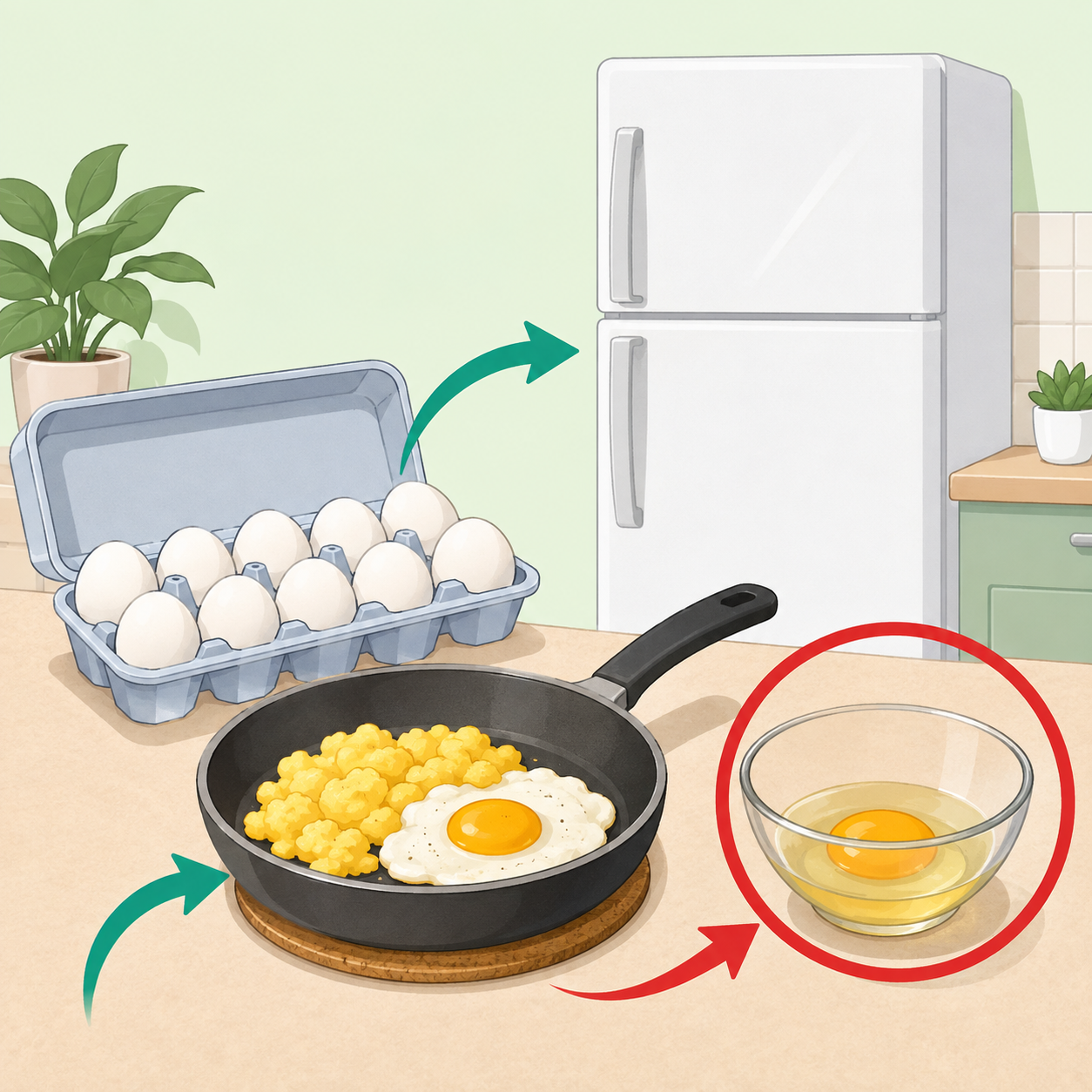 Illustration of safe egg handling with refrigerated eggs, cooked eggs, and raw egg caution.