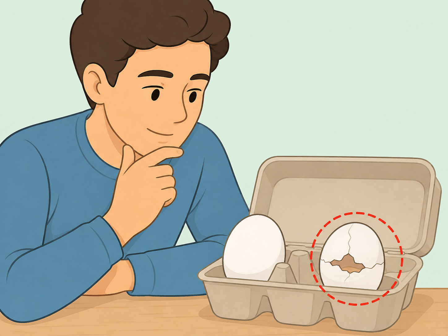 Person comparing a clean egg with a cracked egg to understand egg safety risk.