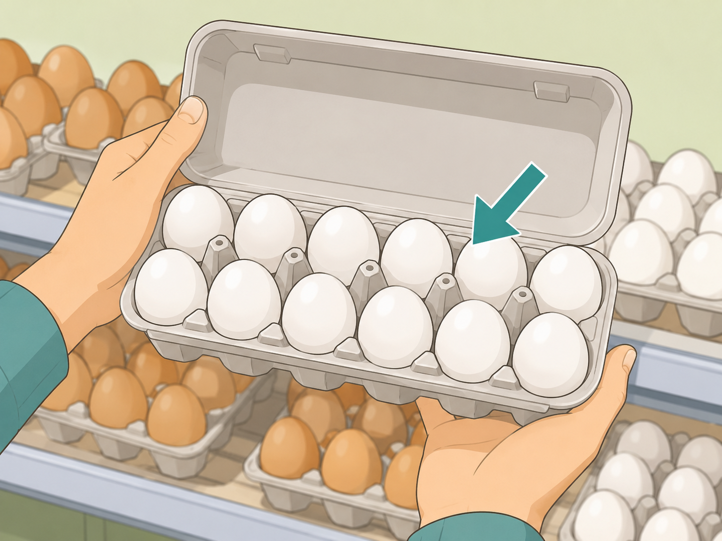 Hands checking a carton for clean, uncracked eggs before buying.