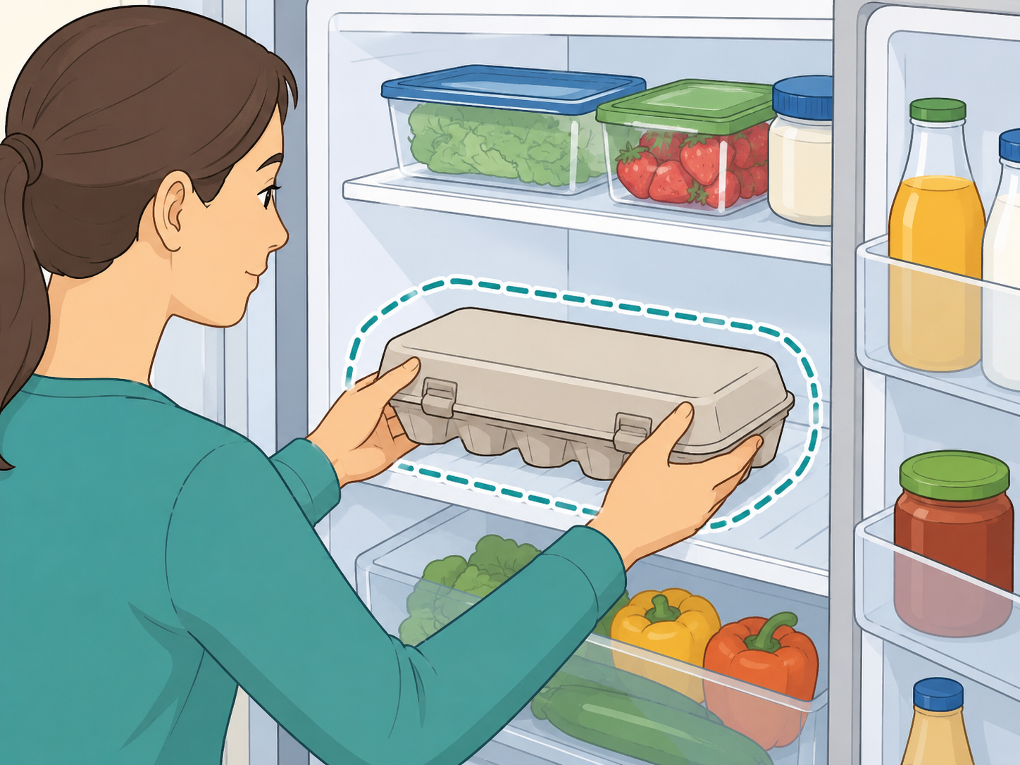 Person putting eggs into the refrigerator promptly.