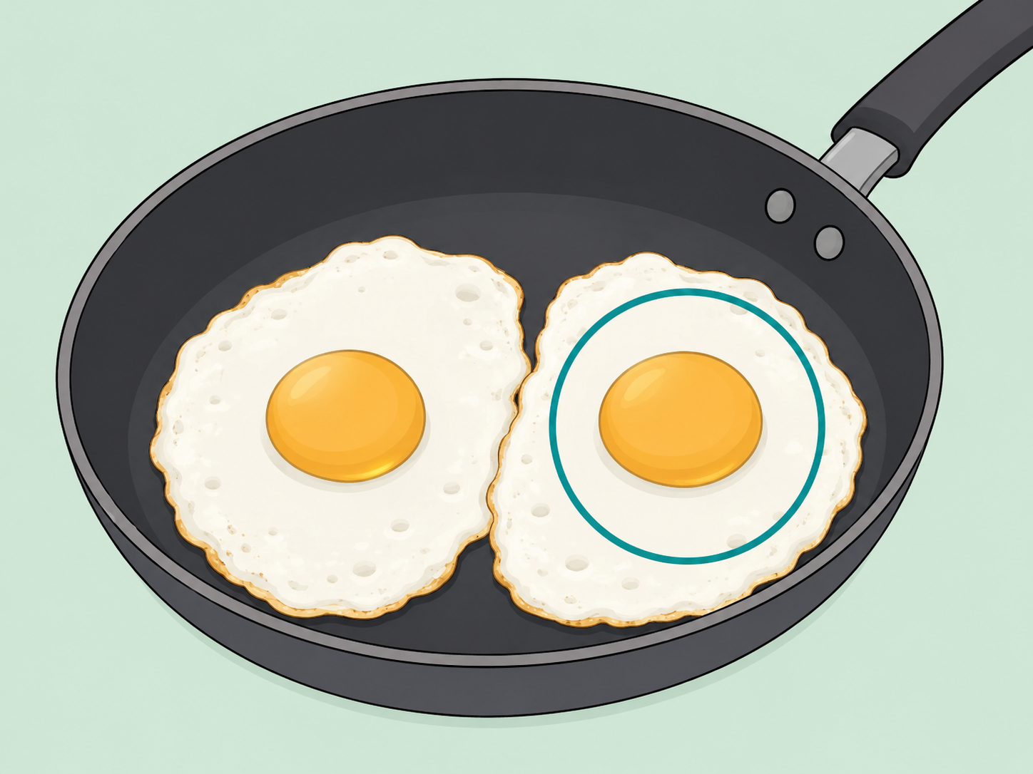 Eggs cooked in a pan until the whites and yolks are firm.