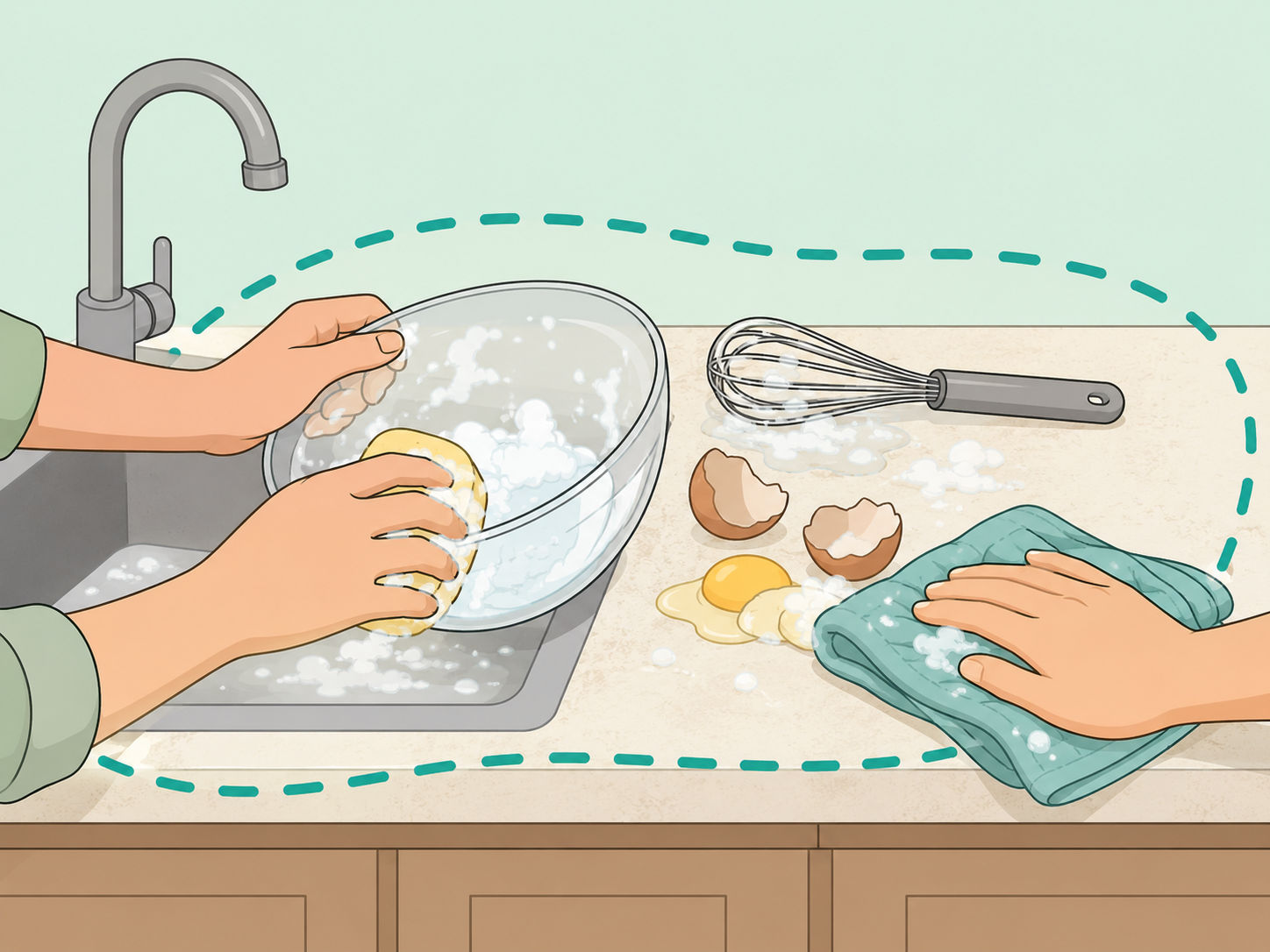 Hands washing utensils and surfaces after handling raw eggs.