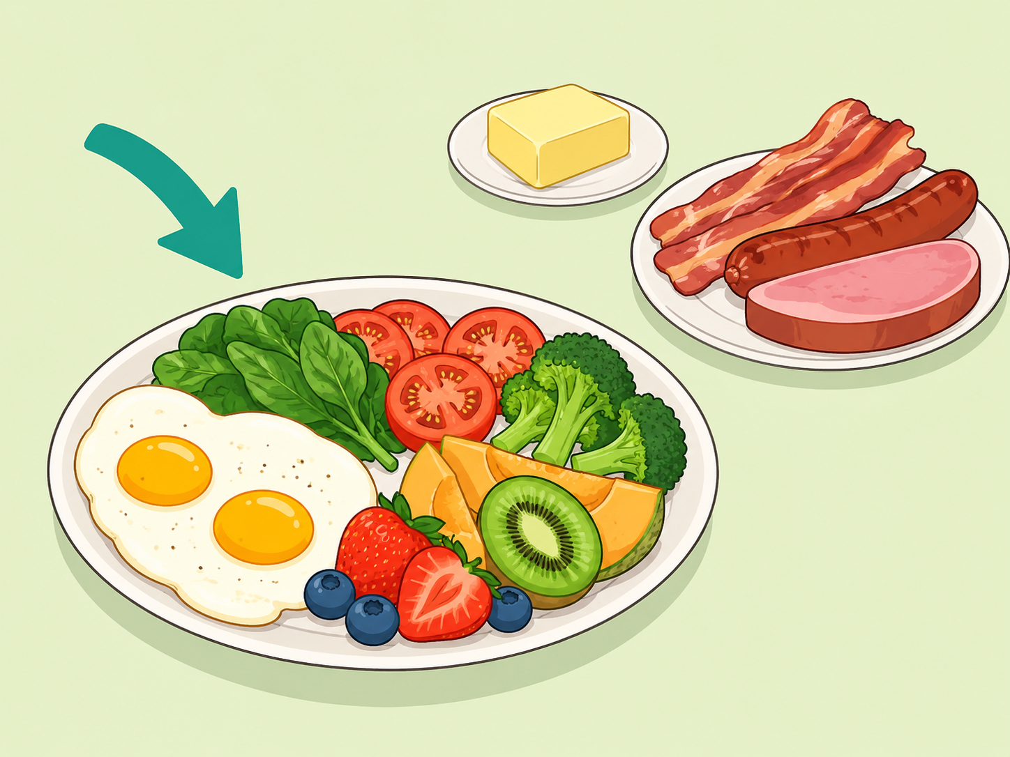 Balanced egg meal with lighter sides instead of fatty processed meats.