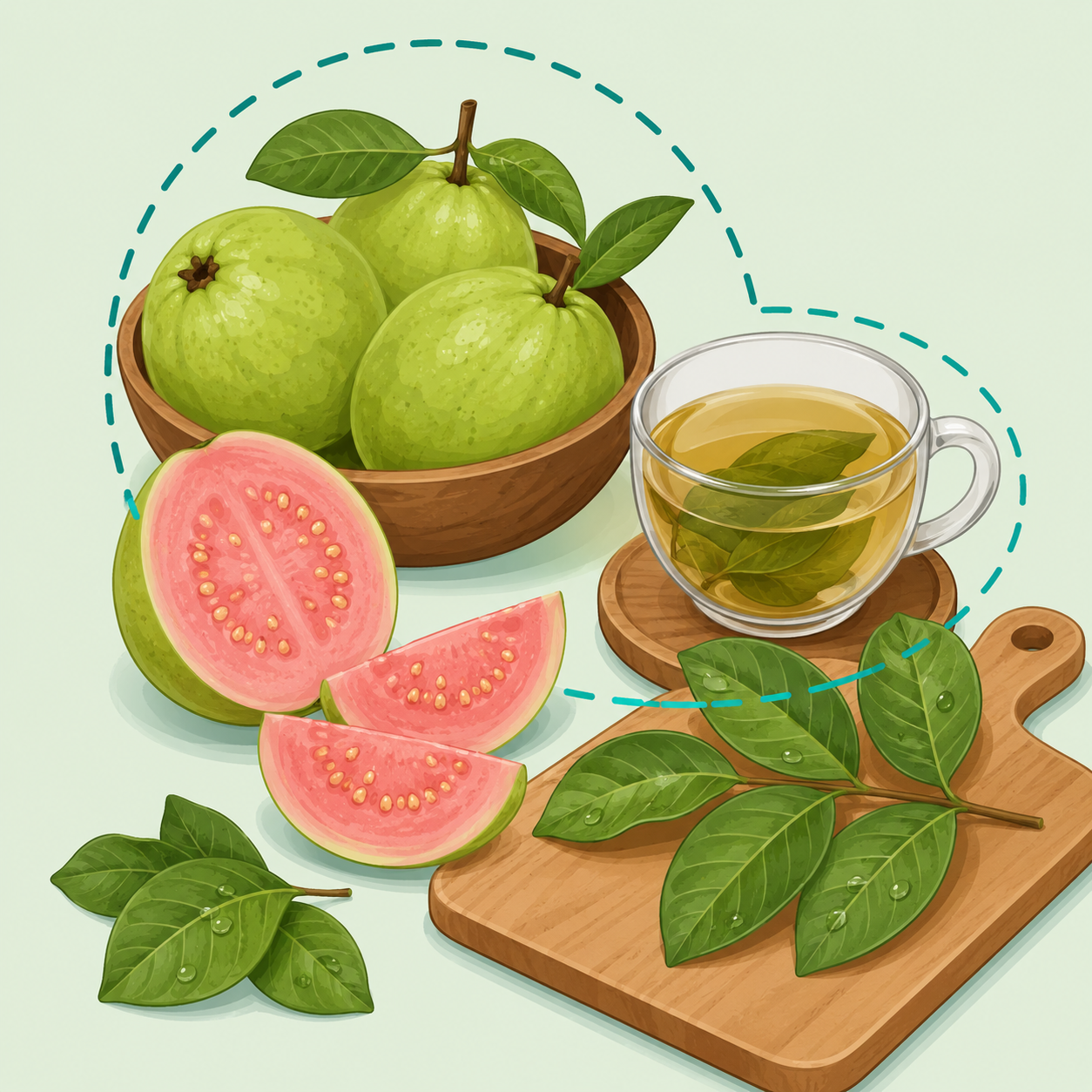 Illustration of guava fruit slices and guava leaf tea prepared safely.
