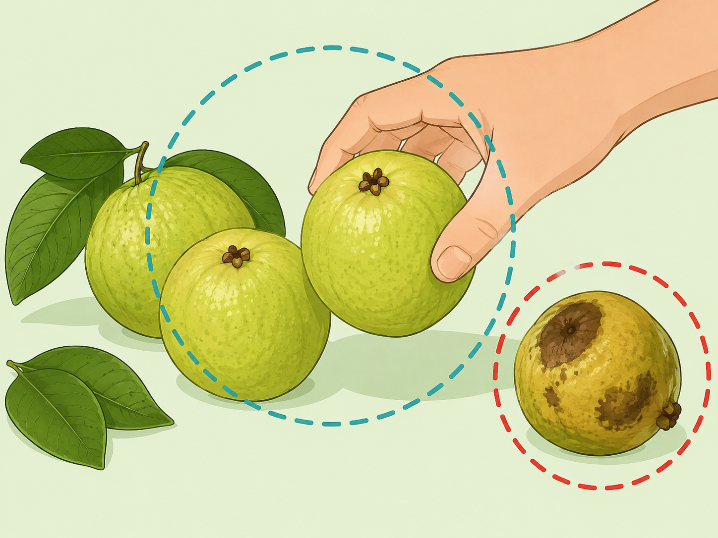 A hand choosing ripe unbruised guavas and avoiding damaged fruit.