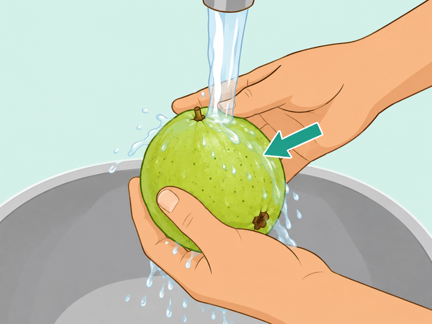Hands washing a guava under running water before cutting it.