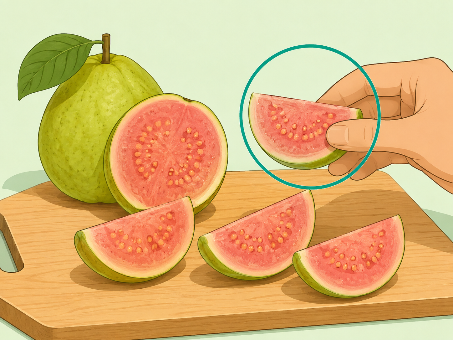A guava slice with peel, flesh, and seeds ready to eat.