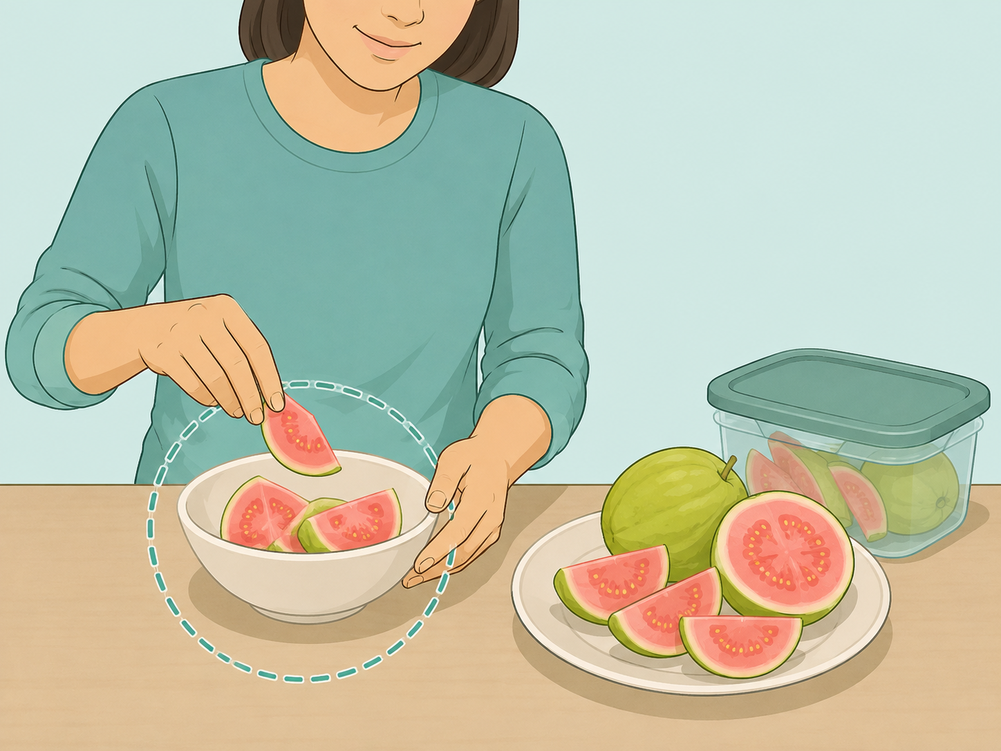 A modest serving of guava slices placed in a bowl.