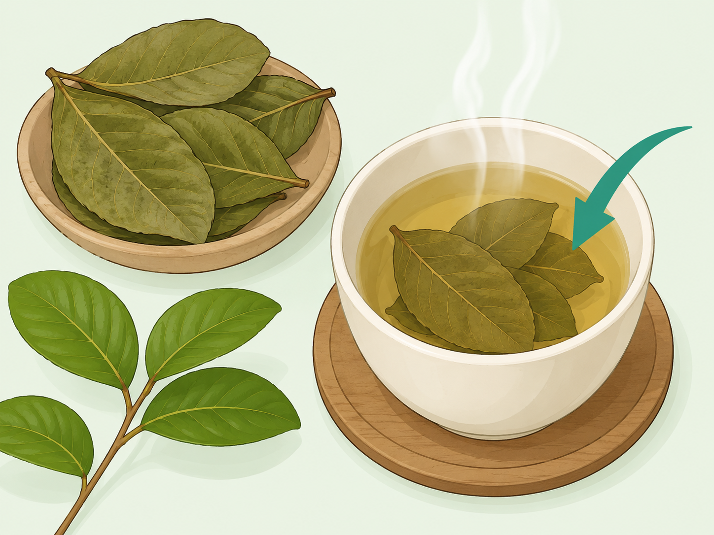 Food-grade guava leaves steeping in a cup as herbal tea.