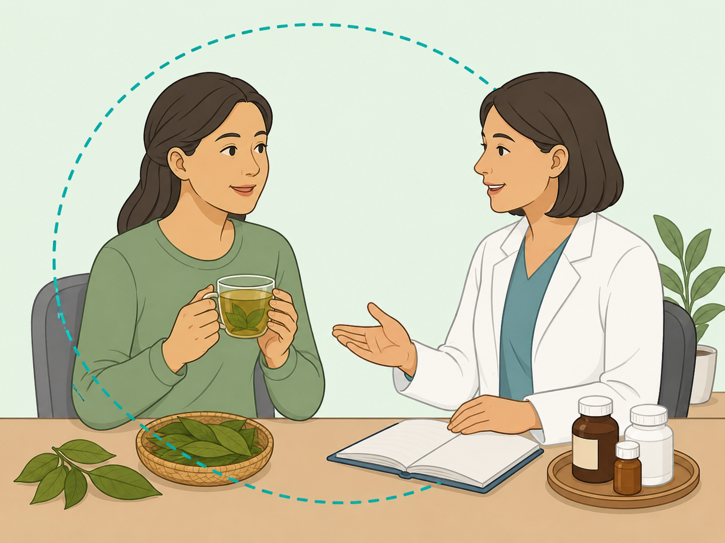 A person asking a health professional before using guava leaf tea with medicines.
