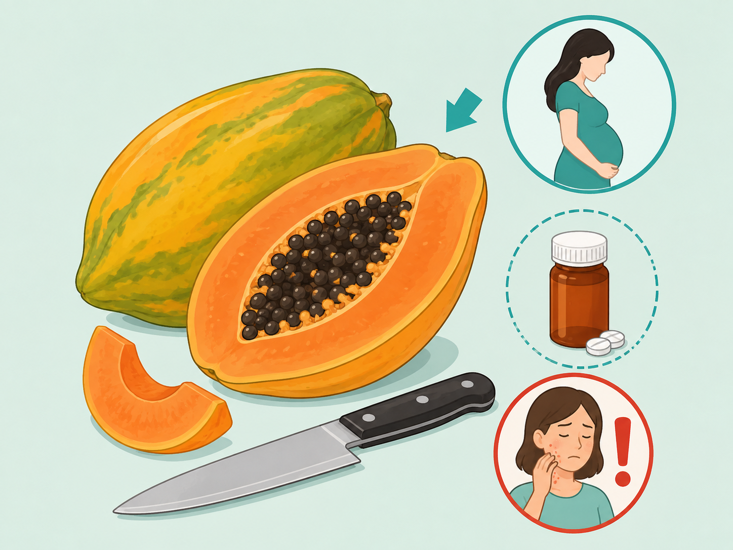Illustration of ripe papaya with allergy, medicine, and pregnancy caution symbols.