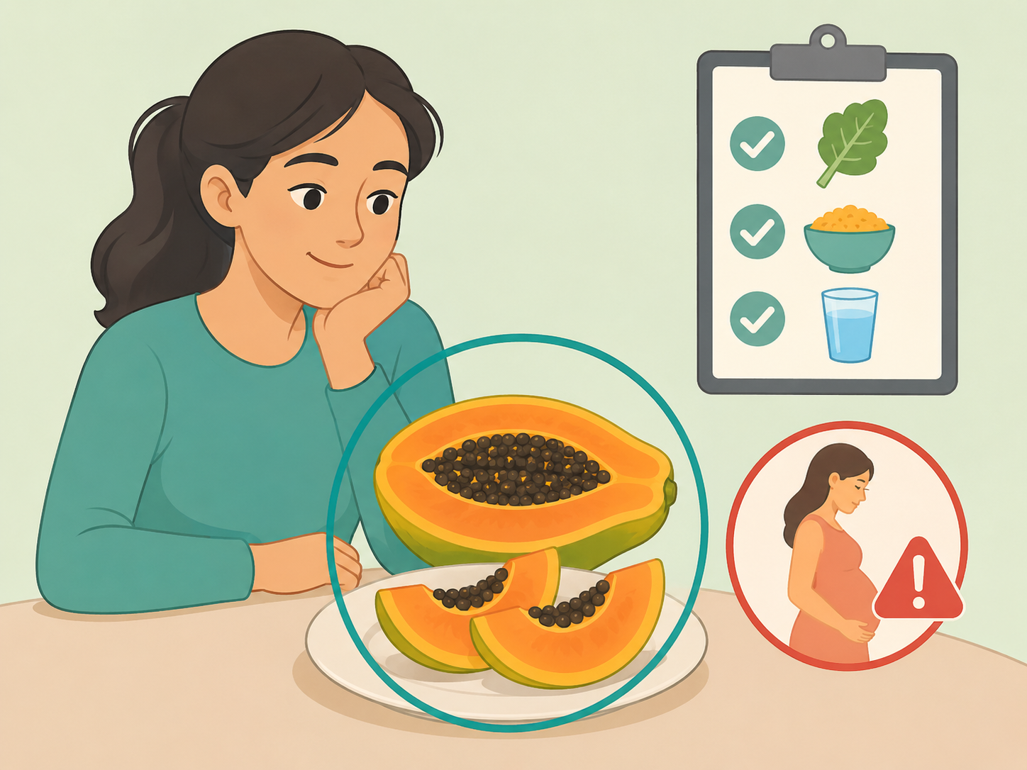 Person viewing papaya as a healthy food with caution reminders.