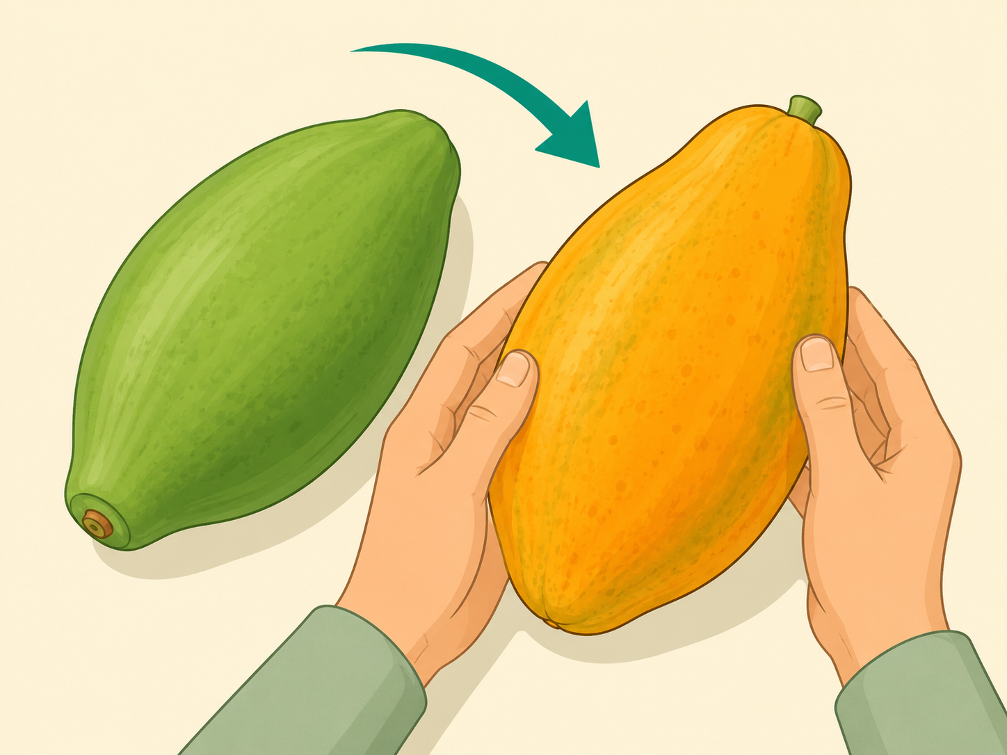 Hands choosing a ripe papaya instead of an unripe green papaya.