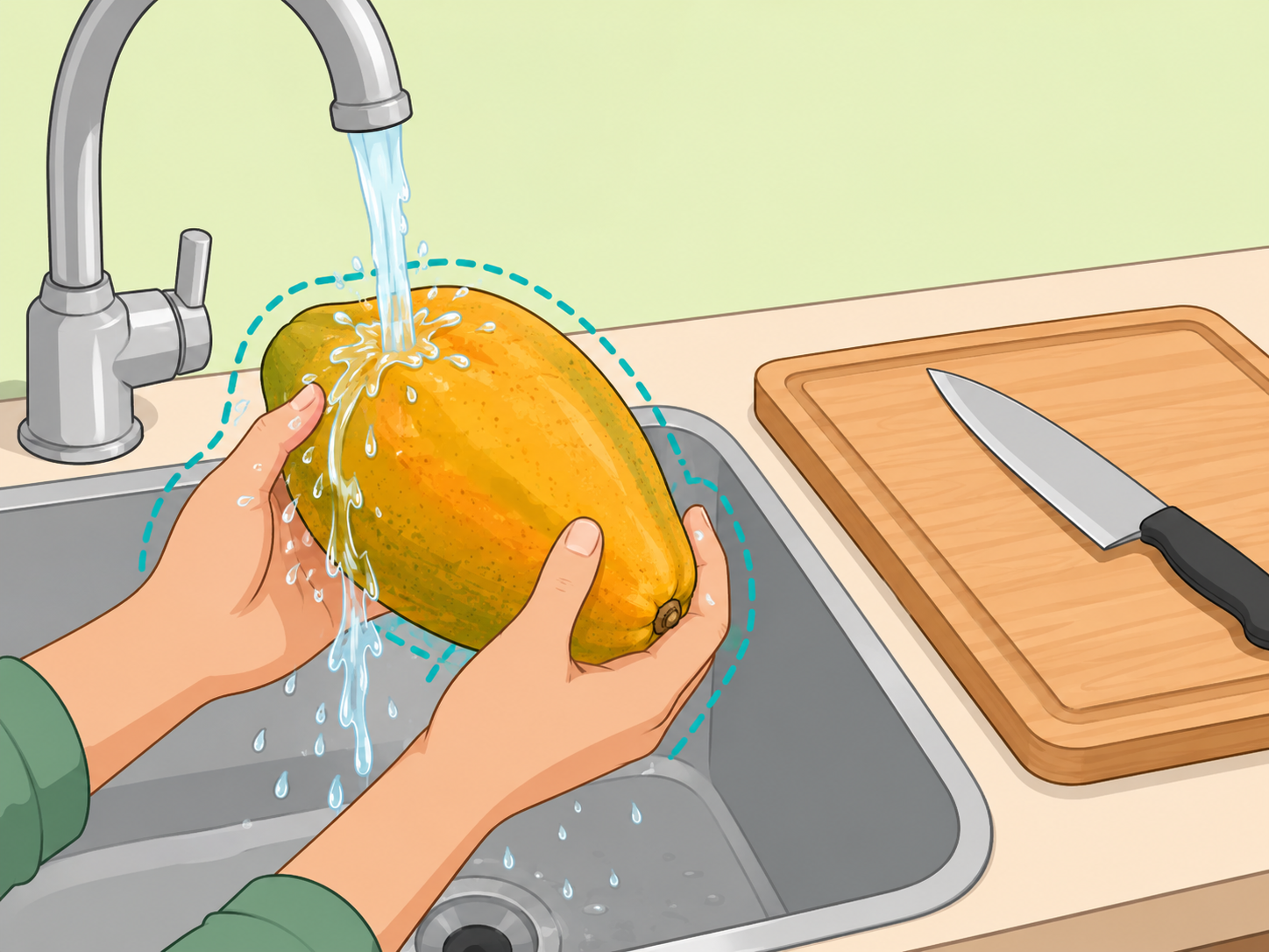 Hands washing a whole papaya before cutting it.
