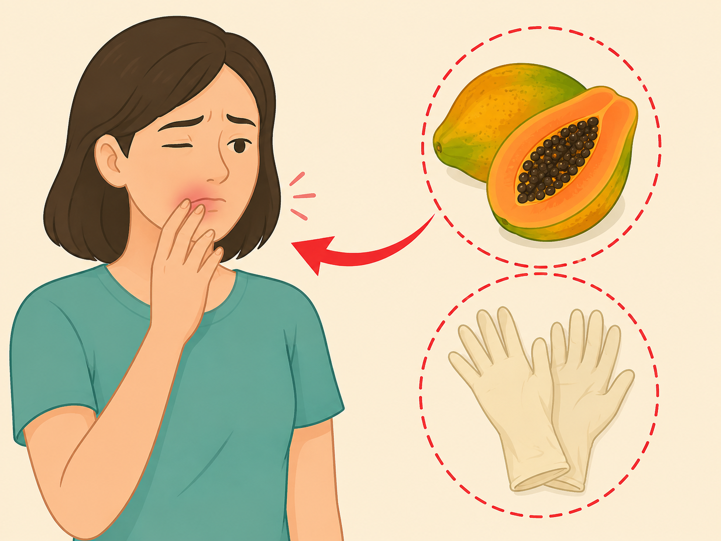 Person noticing possible latex-related allergy symptoms after papaya.