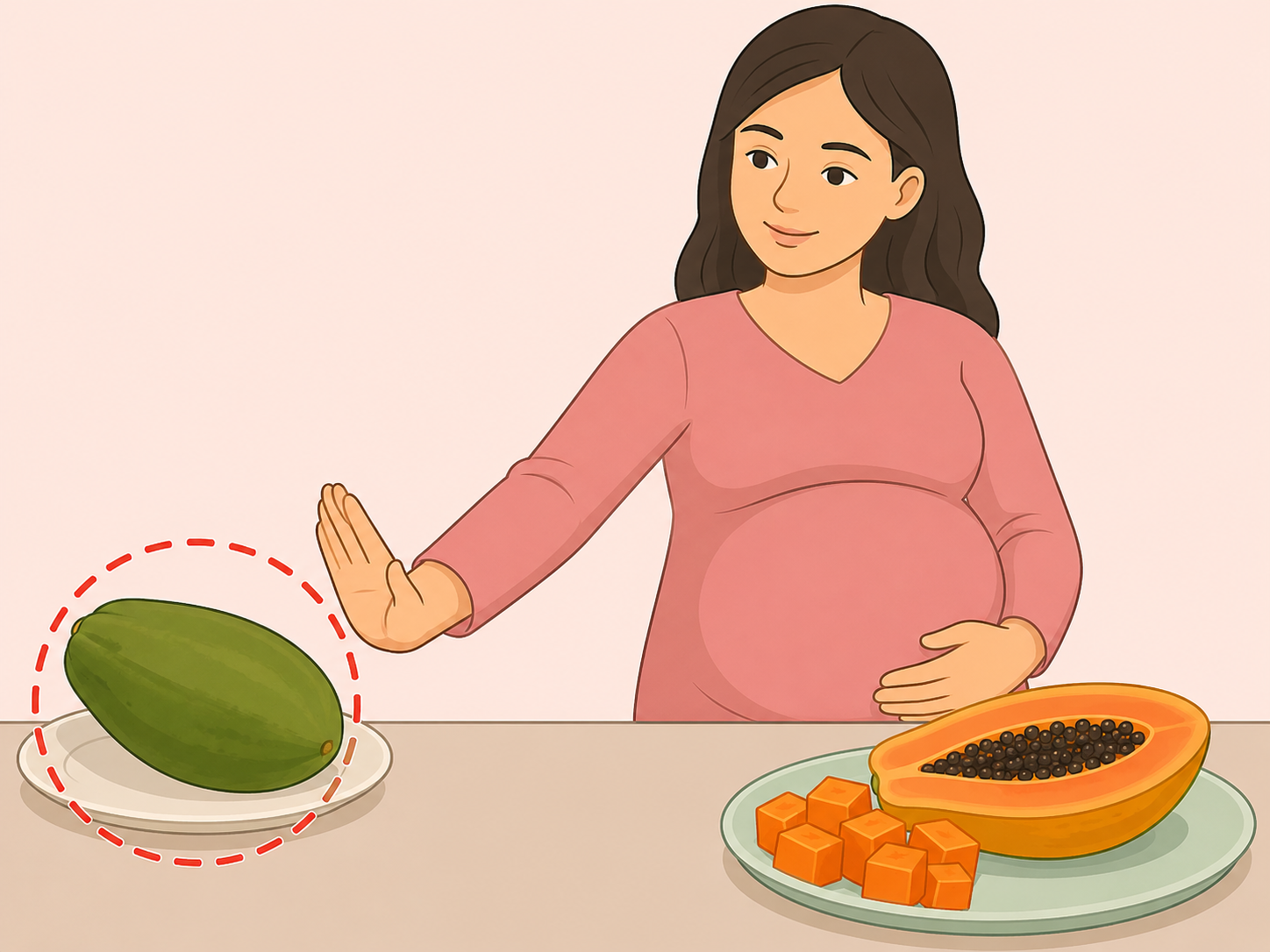 Pregnant person avoiding unripe papaya and choosing caution.