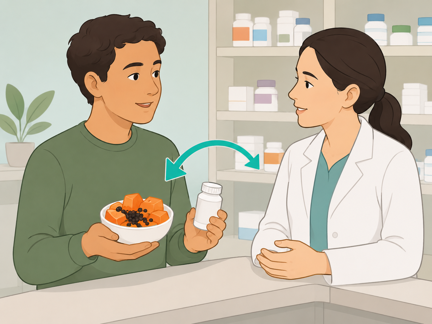 Person asking a pharmacist about papaya and medication safety.