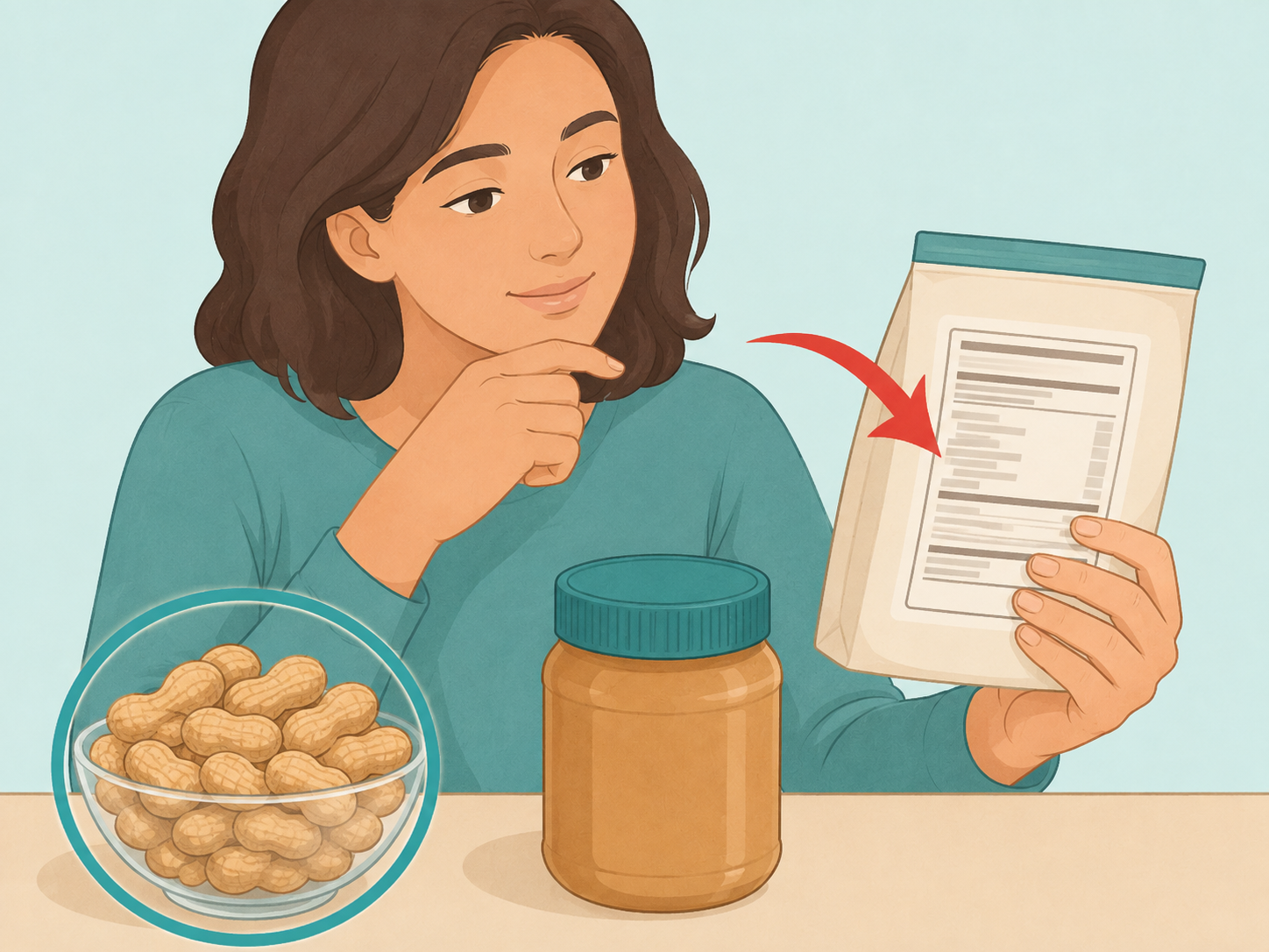 Illustration of a person choosing peanuts carefully while checking a food label for safety.