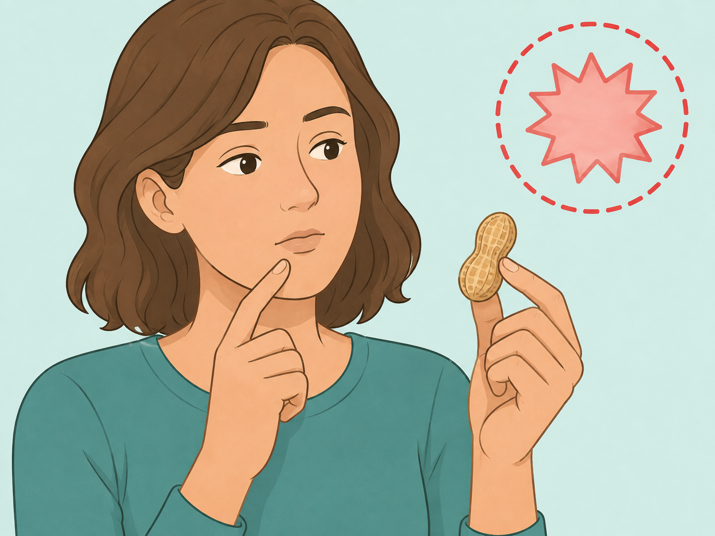 Person pausing before eating peanuts to consider possible allergy risk.