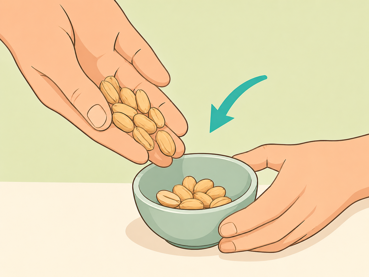 Hands measuring a small handful of peanuts into a snack bowl.