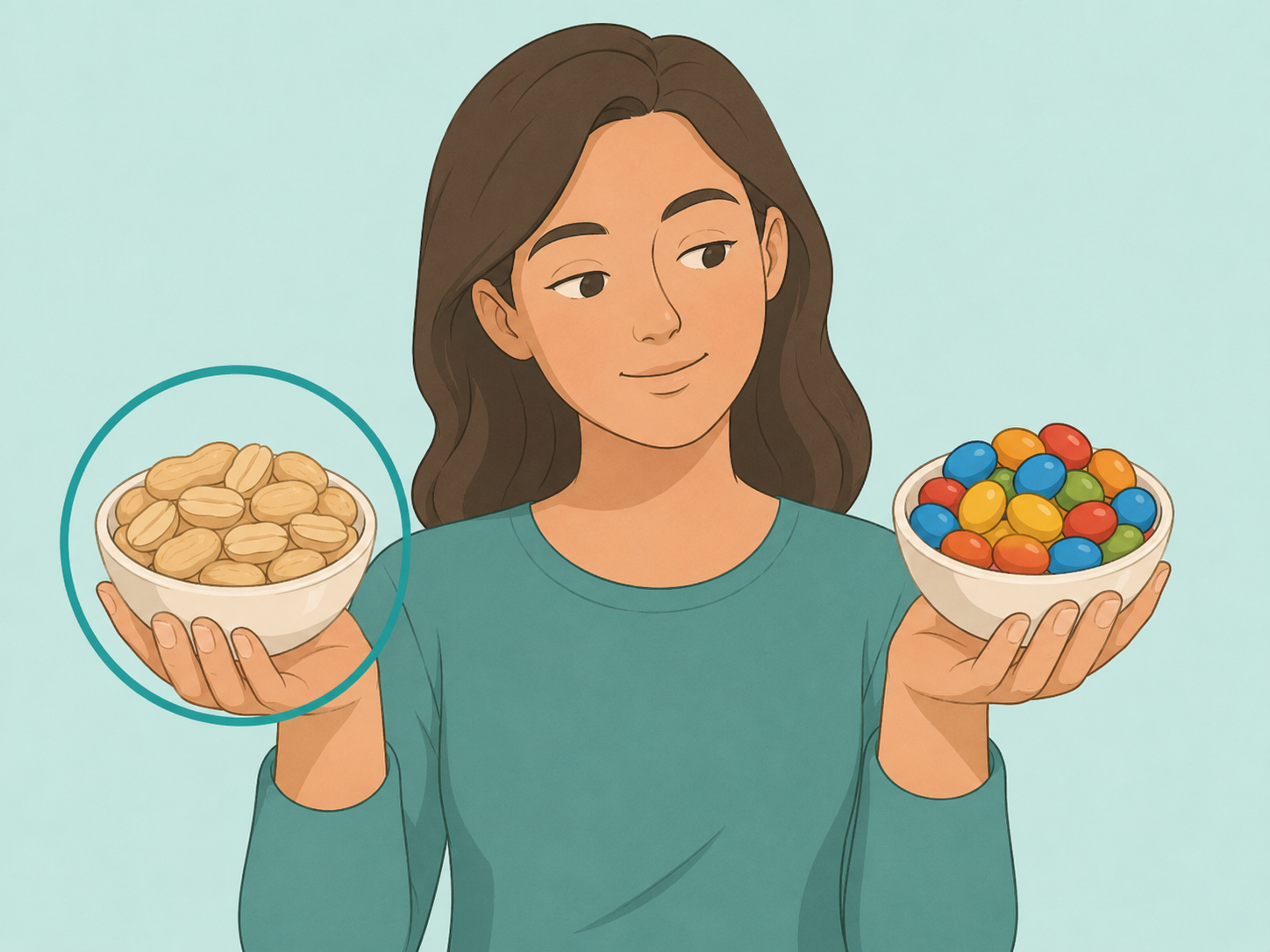 Person choosing plain peanuts instead of sugary peanut snacks.