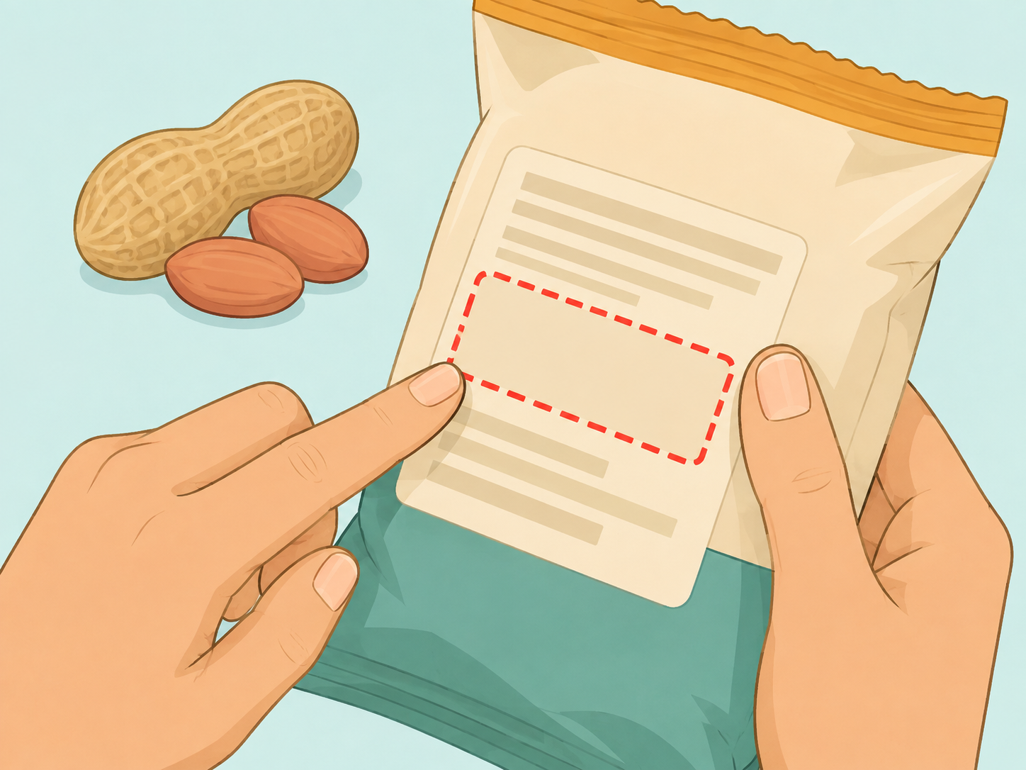 Hands checking a packaged food label for peanut ingredients.
