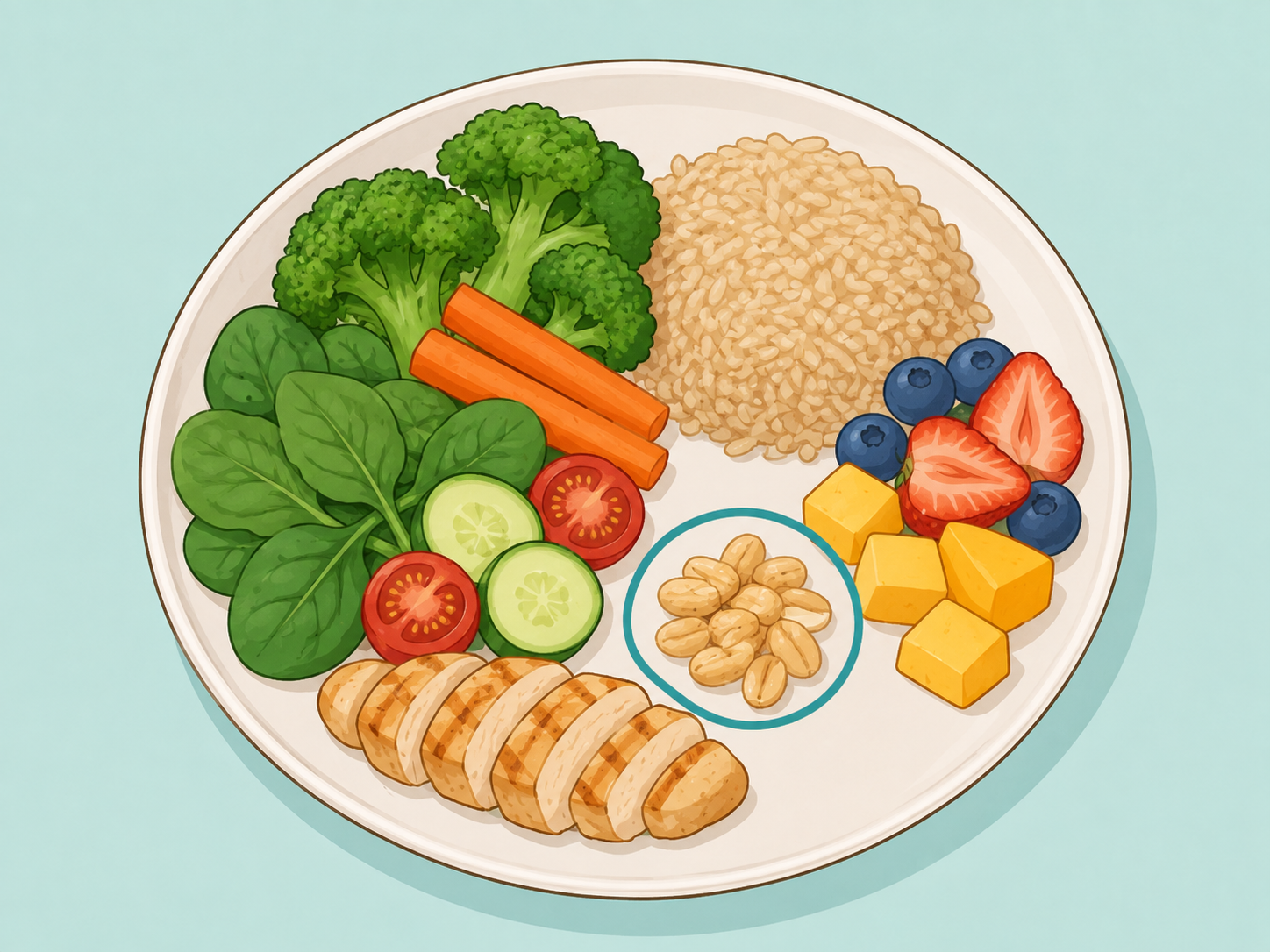 Balanced meal with peanuts added as a small topping.