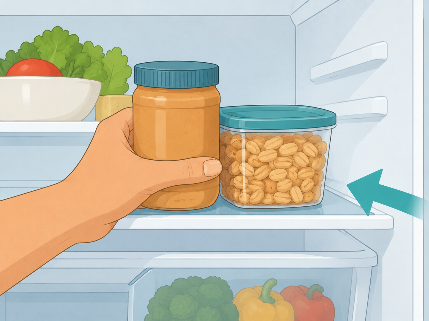 Hand storing peanuts and opened peanut butter in the refrigerator.