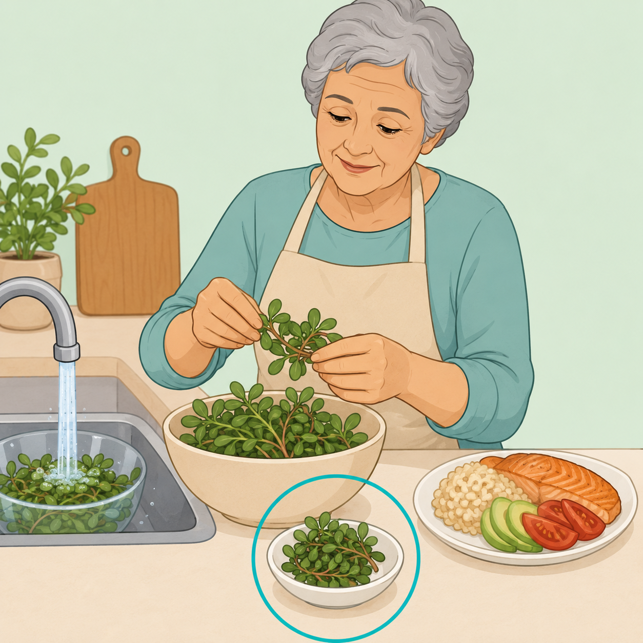 Older adult preparing a small serving of purslane safely at a kitchen counter.