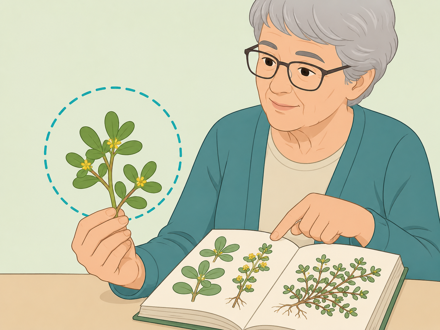 Person checking purslane leaves and flowers to confirm the plant before eating.