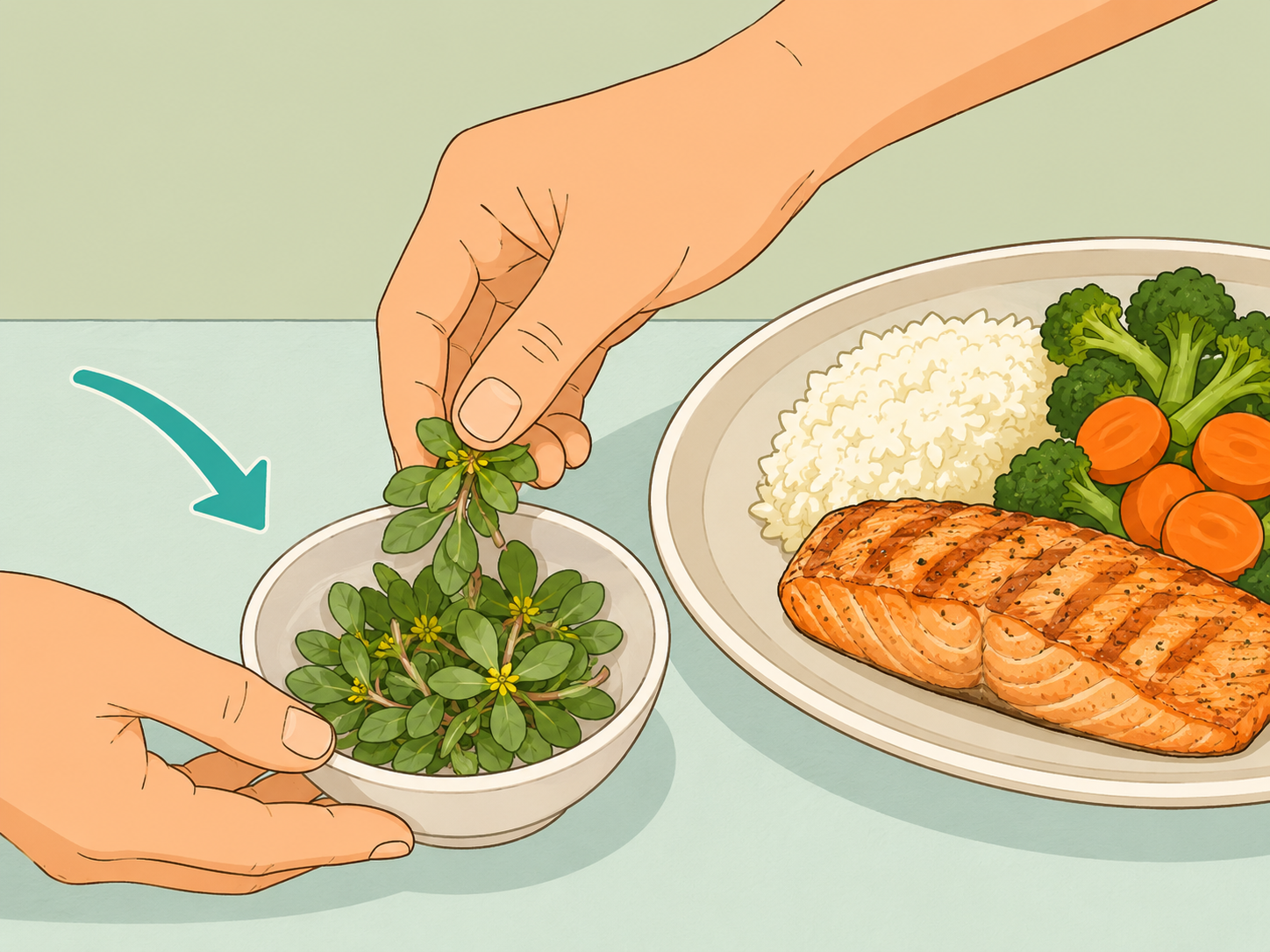 Small serving of purslane added to a side bowl with a meal.